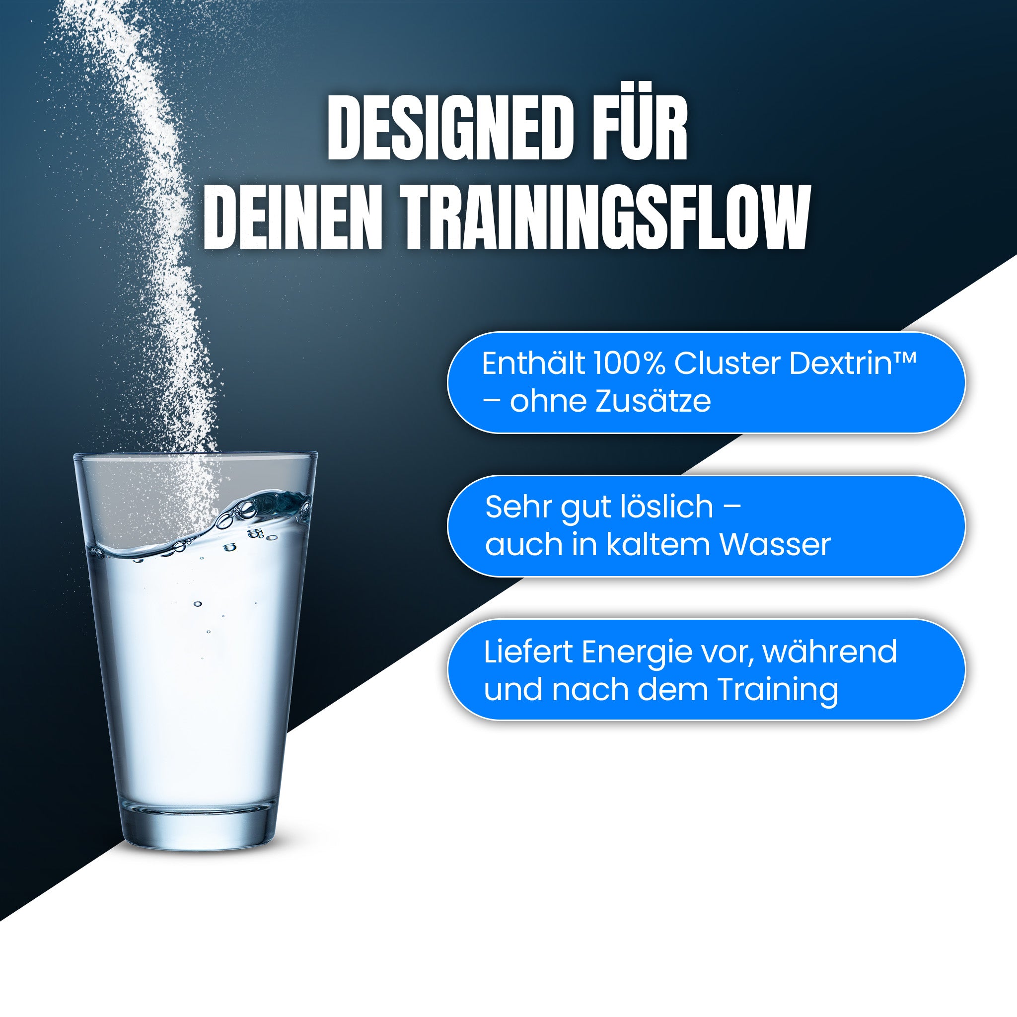 Cluster Dextrin für deinen Trainingsflow. Ohne Zusätze. Optimale Löslichkeit.